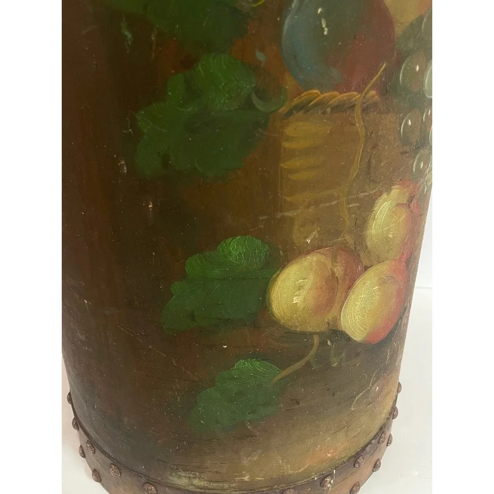 Vintage Hand Painted Tole Fruit Basket Umbrella Stand Tall Decorative Floor Vase